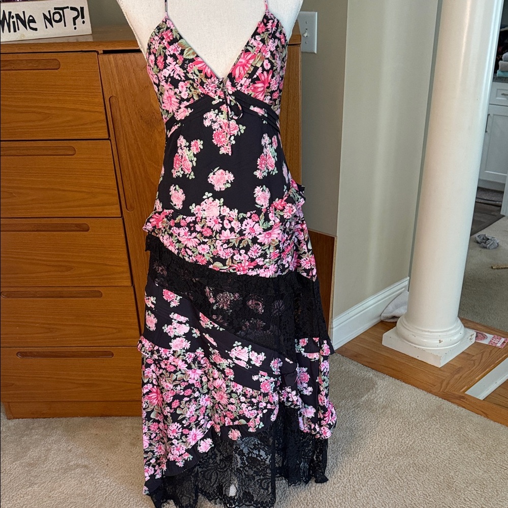 NWOT Floral Black and Pink Lace Dress size Medium